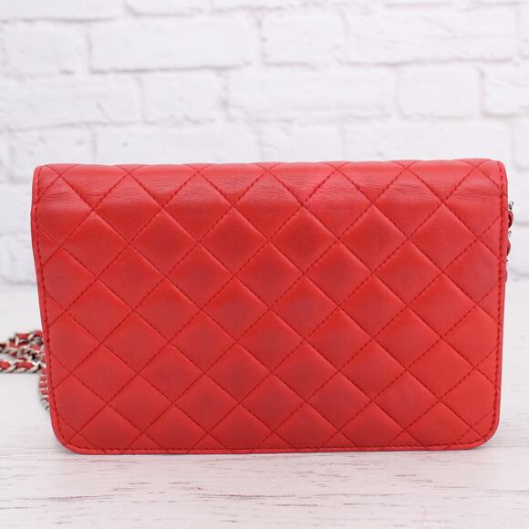 Chanel CC Full Flap Wallet on Chain Red Lambskin Leather Shoulder Handbag A4714 - Picture 5 of 12